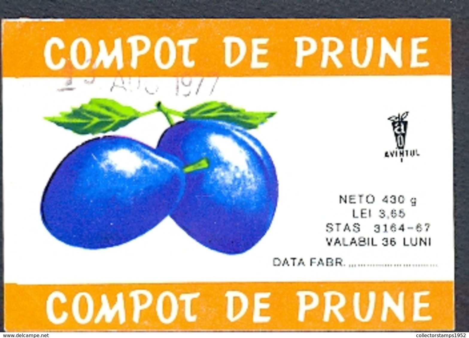 78496- PLUM COMPOTE, LABELS, 1977, ROMANIA - Obst Und Gemüse