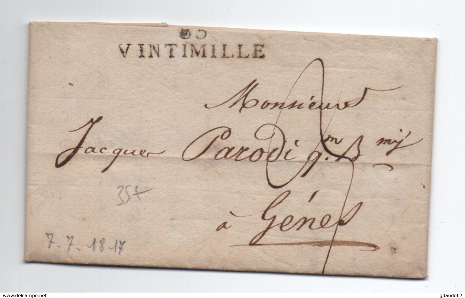 1817 - LETTRE Avec MP 85 VINTIMILLE (DEPARTEMENT CONQUIS) - 1792-1815: Départements Conquis