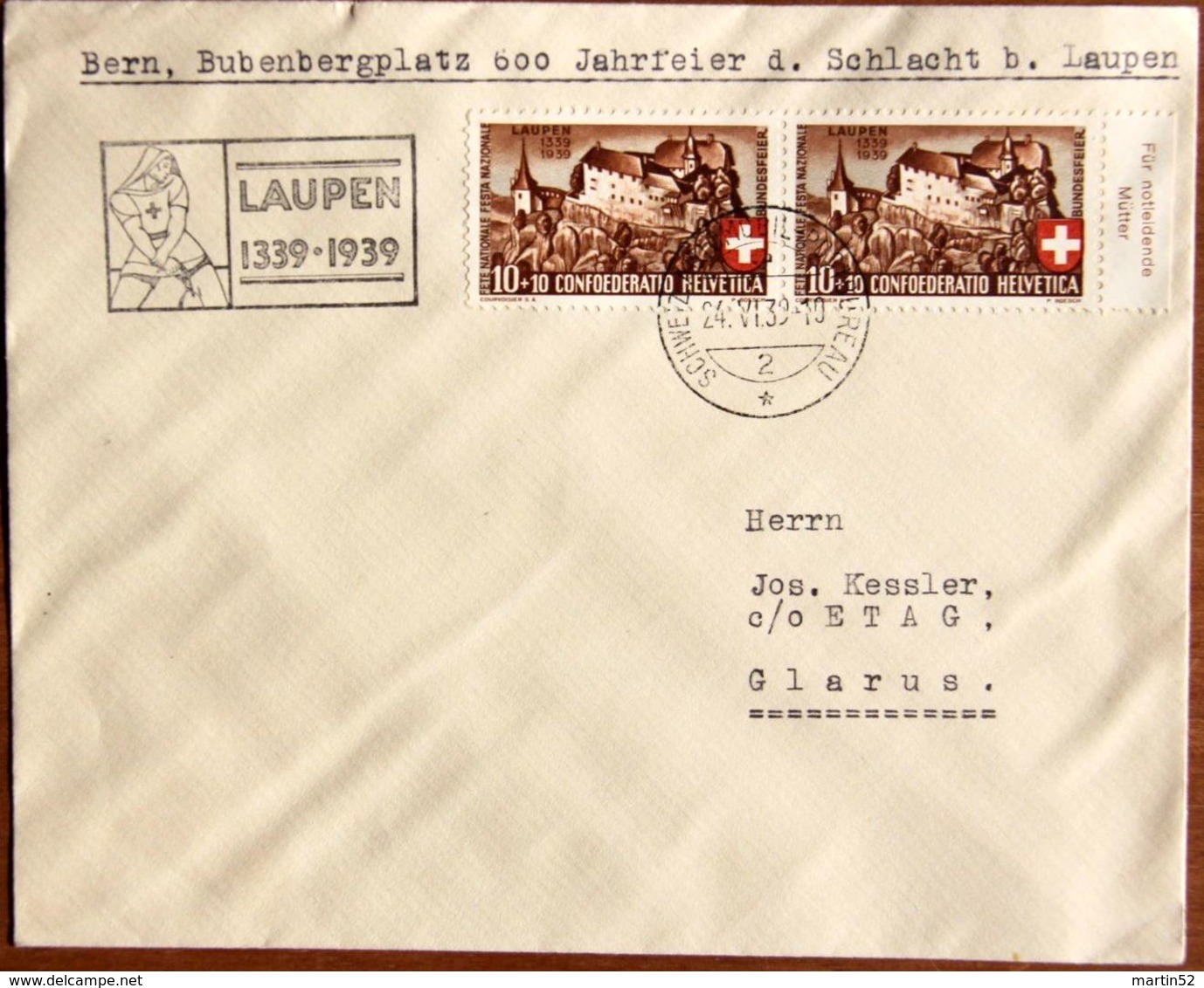 Schweiz Suisse 1939:  Zu 2 Mi 356 Yv 341 Paar LAUPEN 1339-1939 Mit O 24.VI.39 1.SCHWEIZ.AUTOMOBIL-POSTBUREAU Nach Glarus - Lettres & Documents