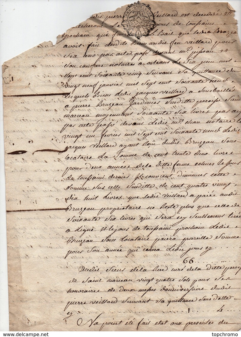 Manuscrit Partie D'Acte Notarié Notaire 1765 Cachet Généralité D'Orléans Trois Sols Veillard Bruzeau Guigneux 4 Pages - Seals Of Generality