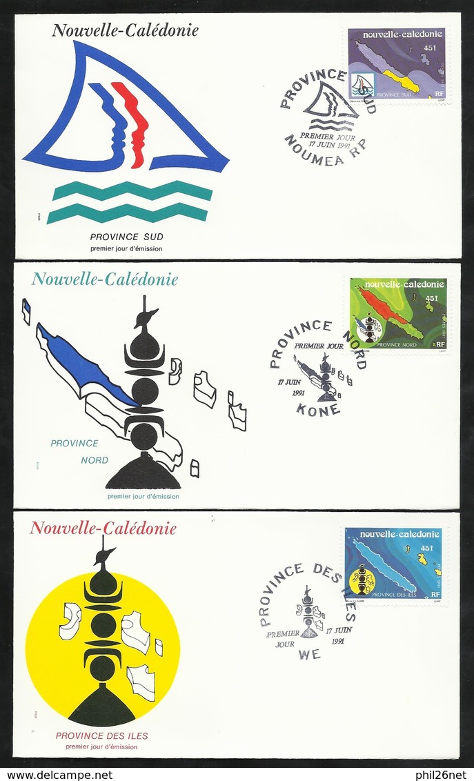FDC 3 Lettres Premier Jour Koné , Wé  Et Nouméa Le 17/06/1991 Les N°611 à 613 Les 3 Provinces Cartes Et Emblèmes     TB - Covers & Documents