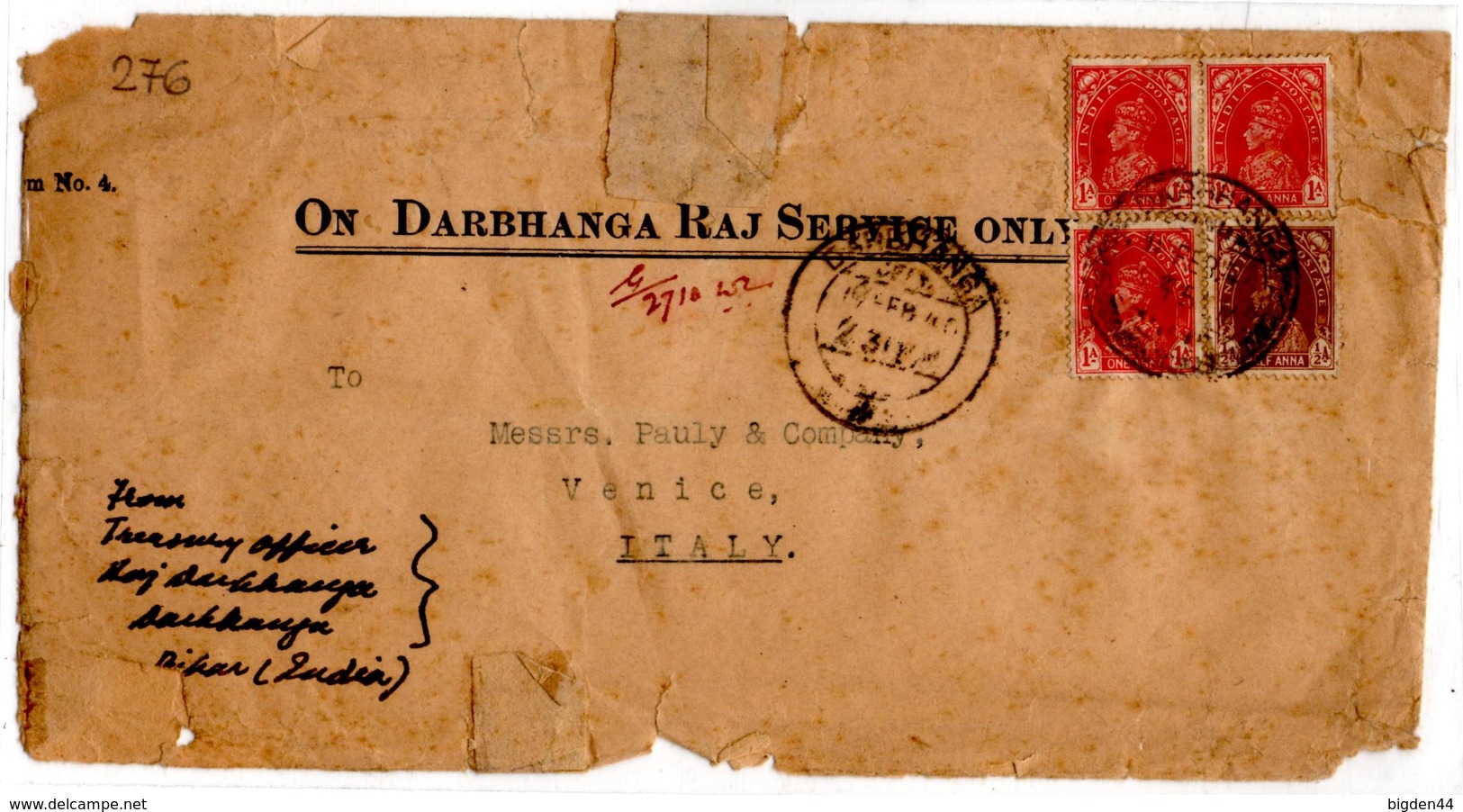 Lettre De Darbhanga Service Only (21.02.1940) Pour Venise Italie - Lettres & Documents