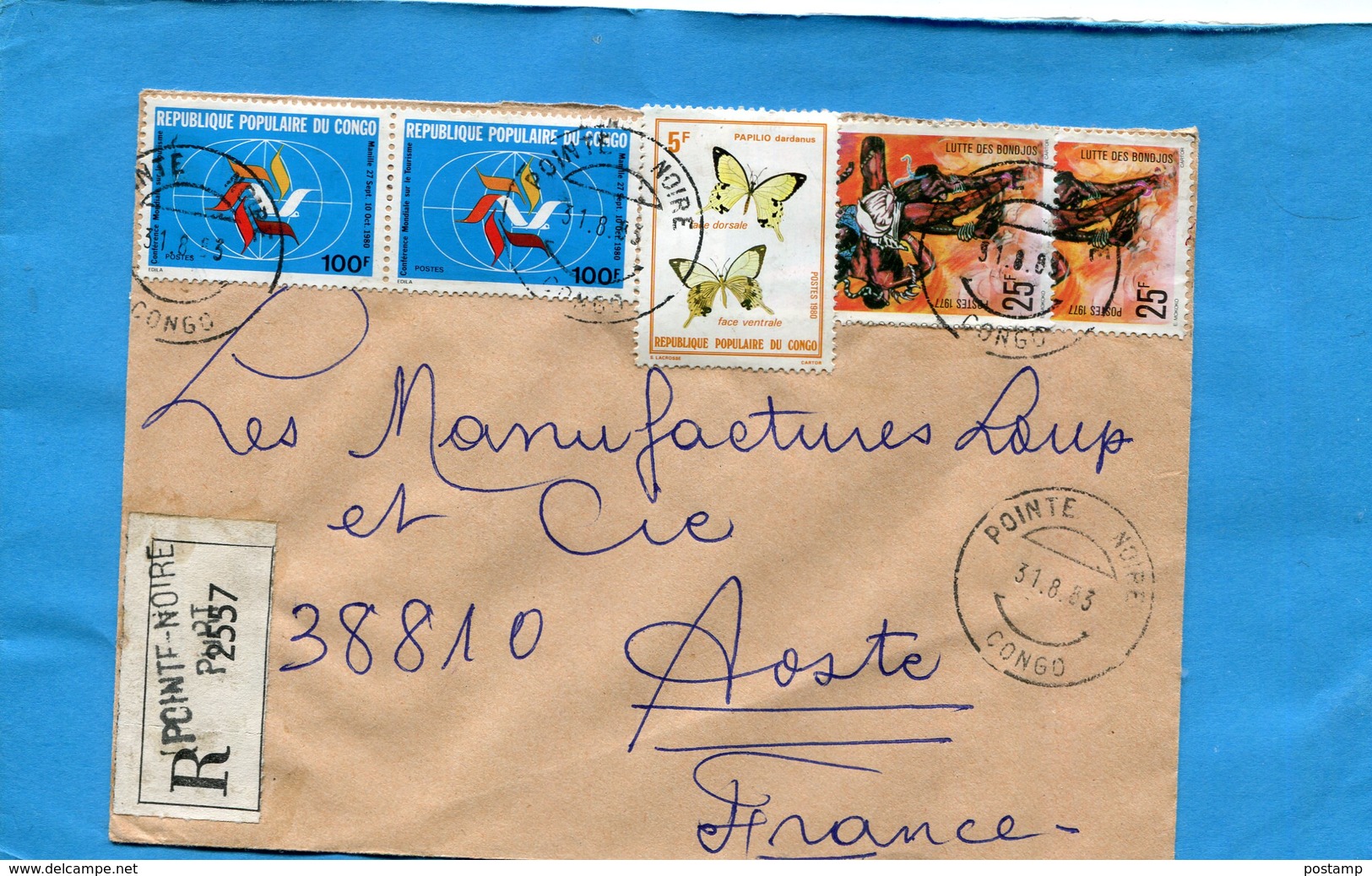 MARCOPHILIE-CONGO-lettre REC > Françe-cad-1983-5-stamps N°566 Butterfly+580 Tourisme +415 Lutte - Autres & Non Classés