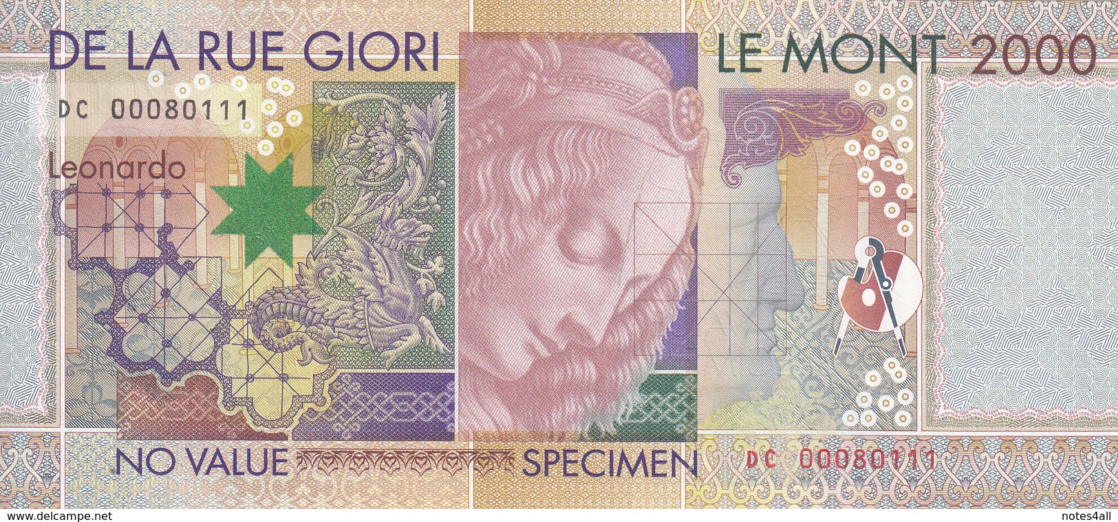 SPECIMEN TDLR TEST NOTE DE LA RUE KBA GIORI LEONARDO DA VINCI  UNC */* - Fiktive & Specimen