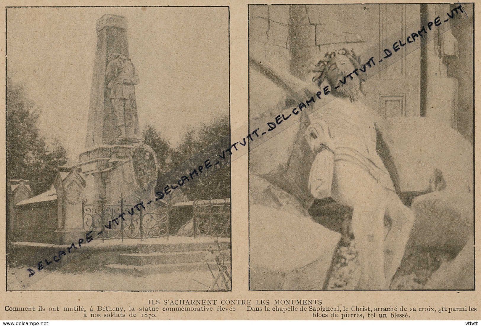 Photo (1915), Guerre 14-18 : BETHENY, SAPIGNEUL, Statue Commémorative Mutilée, Christ Arraché à Sa Croix... - Unclassified