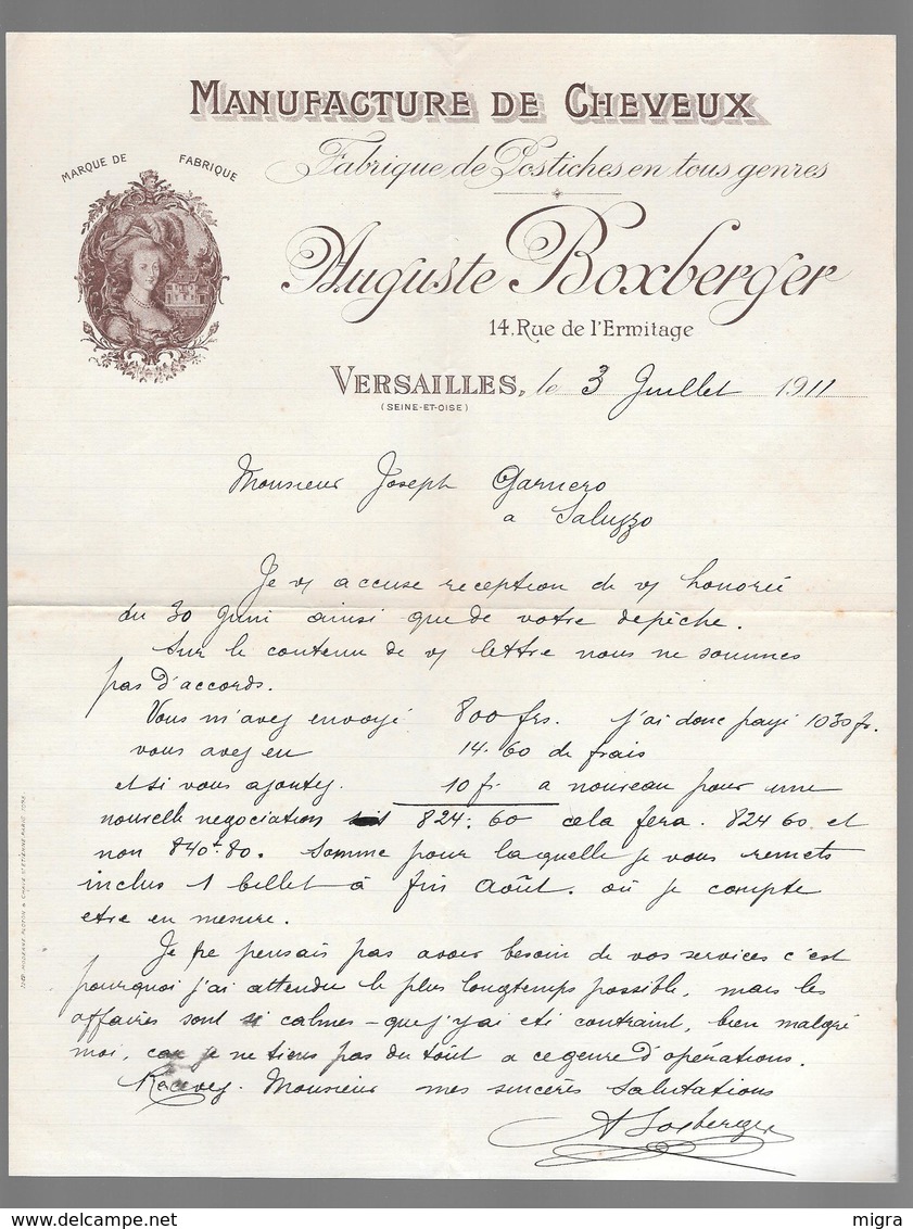 Manufacture De Cheveux -  Fabrique  De Postiches En Tous Genres  Auguste Boxberger Versailles 1911 - Profumeria & Drogheria