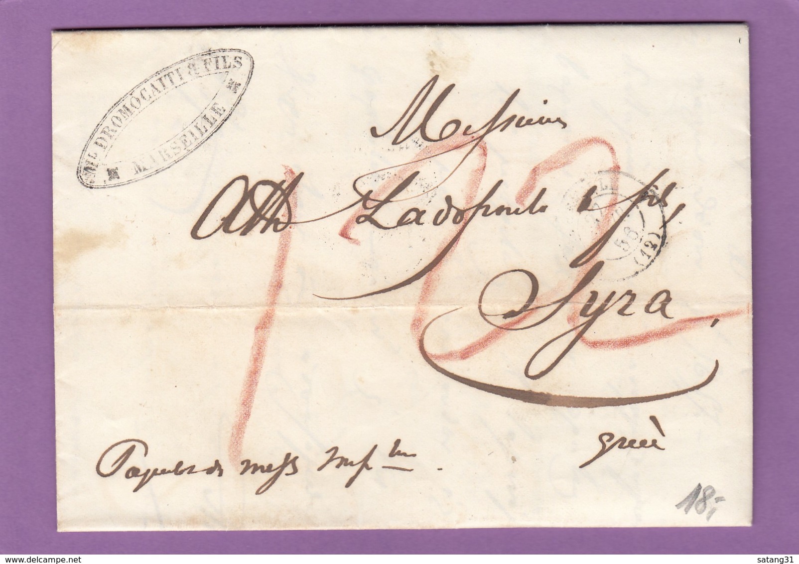 LETTRE DE MARSEILLE PAR PAQUEBOT DES MESSAGERIES IMPERIALES POUR SYRA,GRECE,TAXEE A 122,CACHET D'ARRIVEE,1856. - 1849-1876: Période Classique