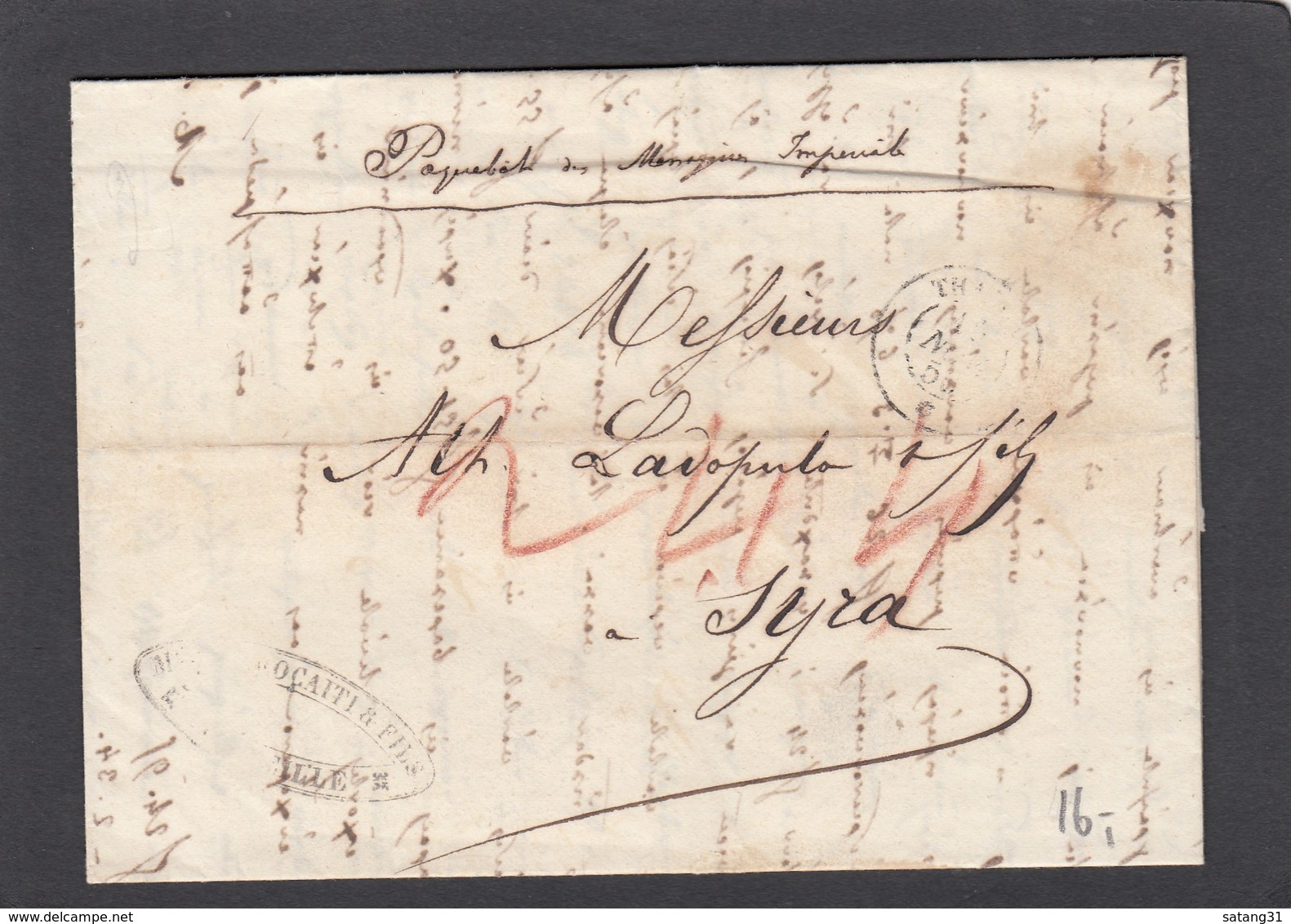 ,CACHET D'ARRIVEE 1856.LETTRE DE MARSEILLE PAR PAQUEBOT DES MESSAGERIES IMPÉRIALES POUR SYRA,GRECE.TAXEE A 244, - 1849-1876: Période Classique