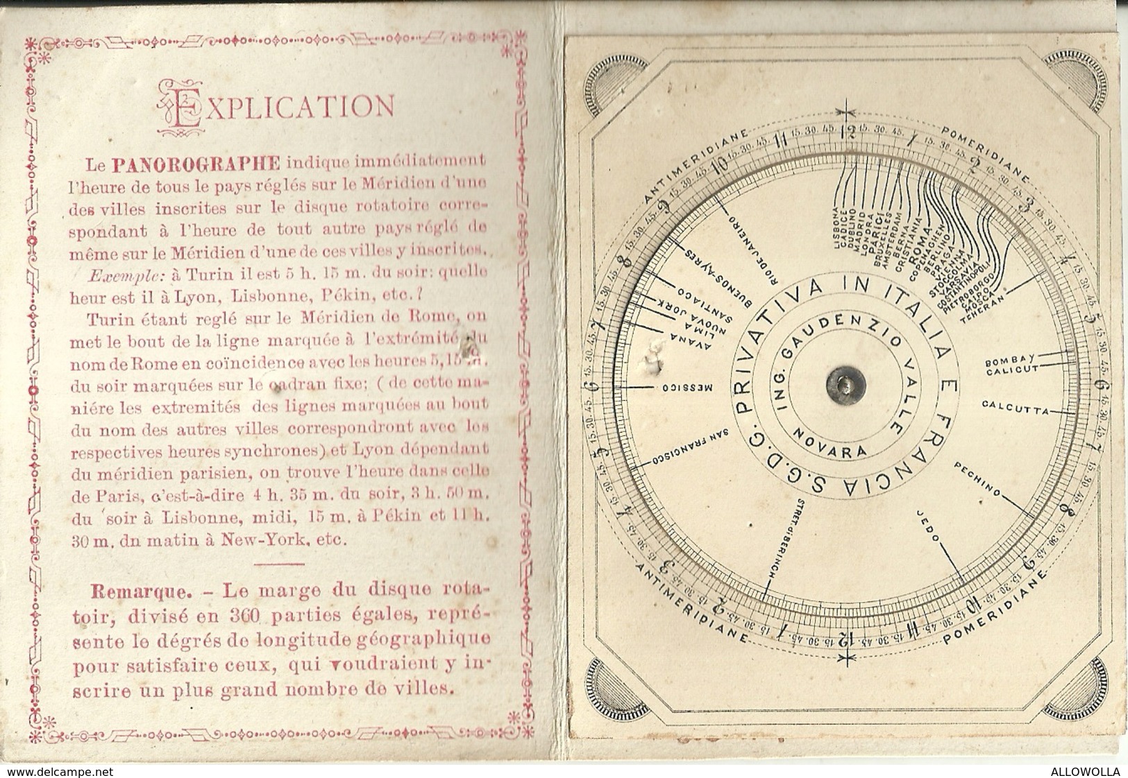 3381 "LE PANOROGRAPHE-OU L'HEURE DE TOUS LES PAYS-ING. G.VALLE-NOVARA" IN LINGUA FRANCESE-ORIGINALE - Strumenti Antichi