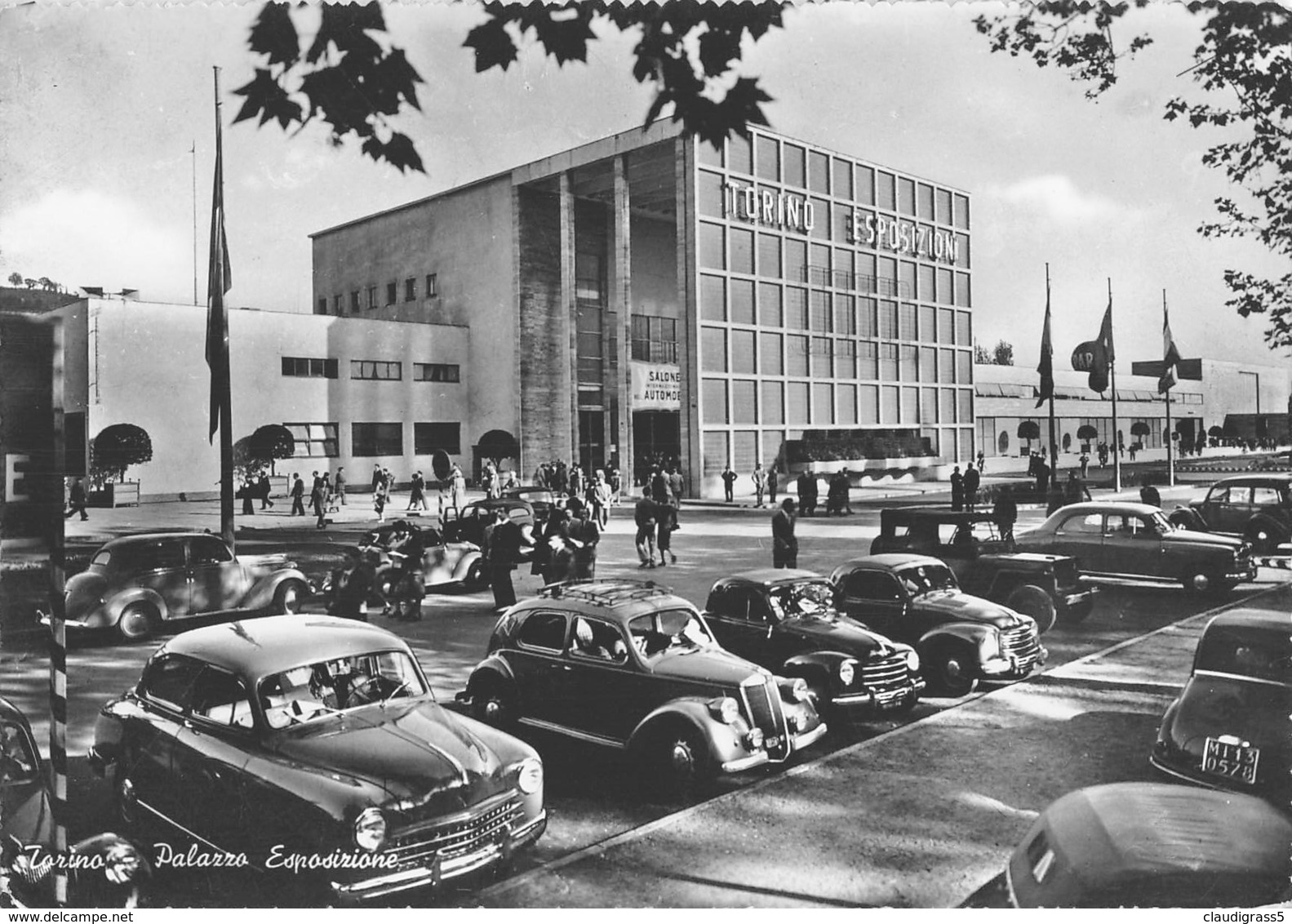 0429 "TORINO - PALAZZO ESPOSIZIONE" ANIMATA, AUTO ANNI '40/50 - ARCHITETT. DEL '900. CART. ORIG. SPED. 1954 - Ausstellungen