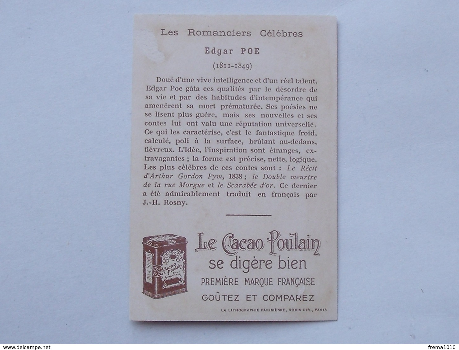 CHROMO Chocolat POULAIN ORANGE Didactique: Edgar Allan POE Série Romanciers Célèbres - BALTIMORE Le Scarabée D'Or - Poulain