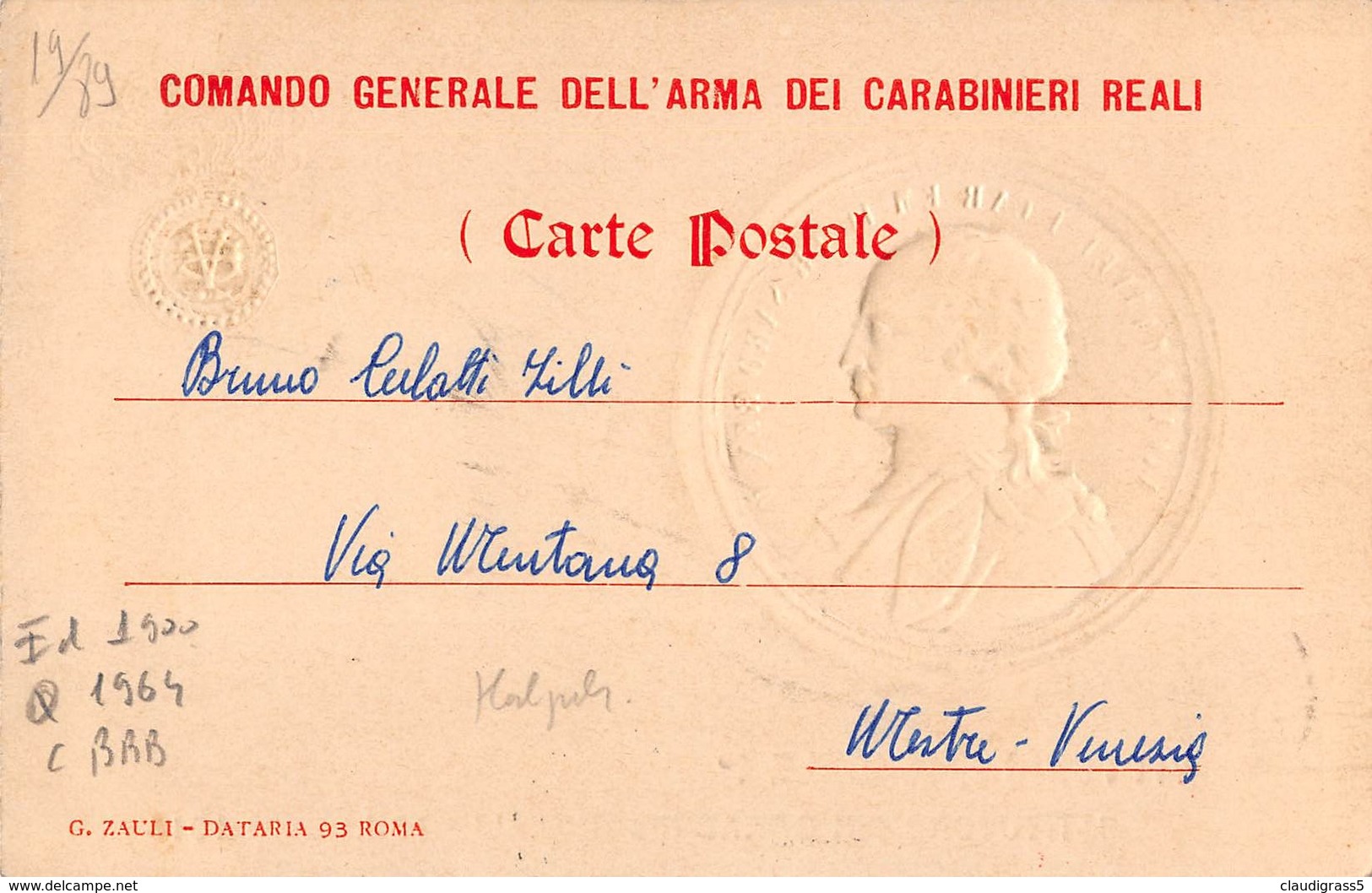 0433 "VITTORIO EMANUELE I - ISTITUTORE DEI CARABINIERI REALI - 13.7. 1814" CART. ORIG. SPED. 1964 - Altri & Non Classificati