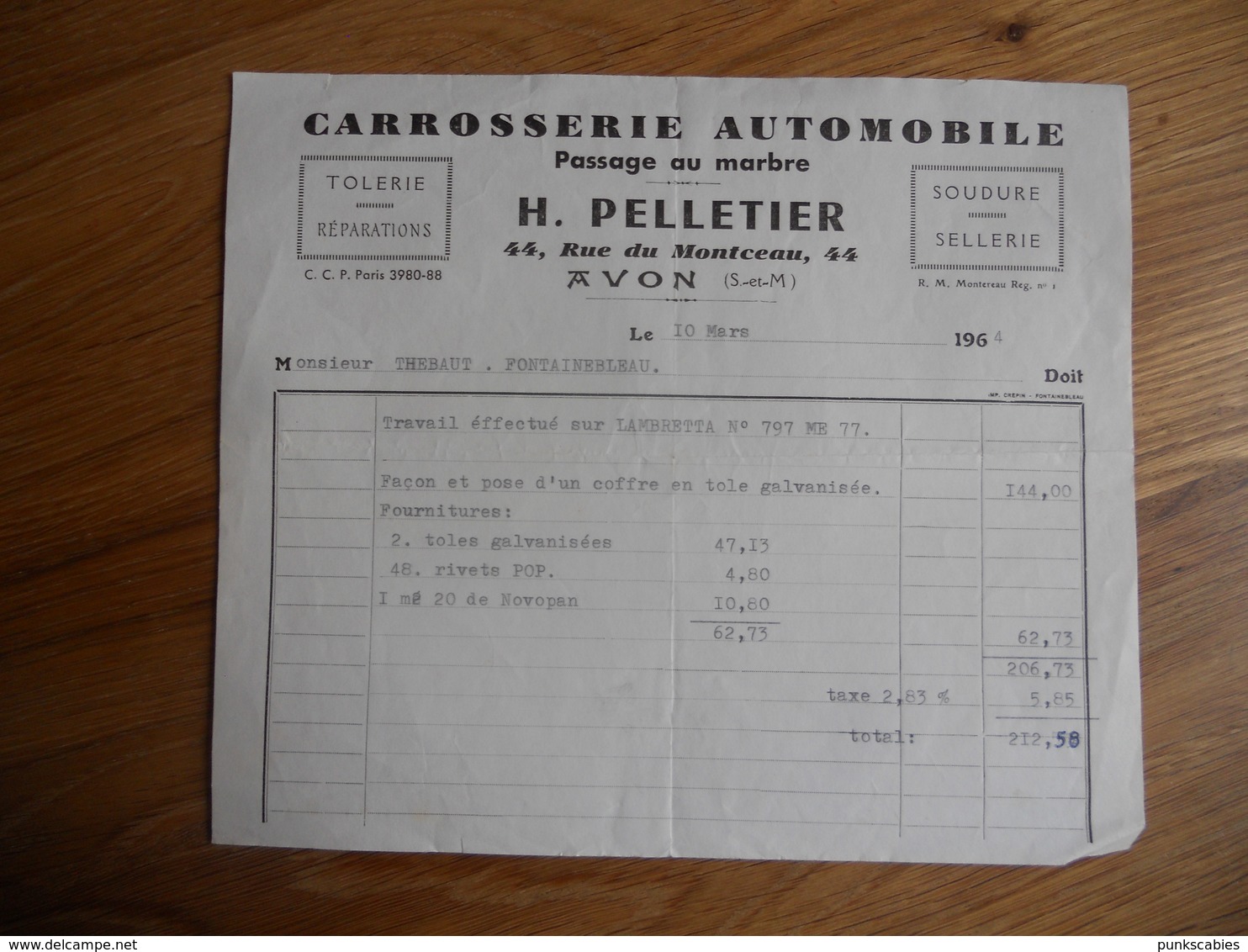 FACTURE AVON FONTAINEBLEAU CARROSSERIE AUTOMOBILE PELLETIER RUE DU MONTCEAU 1964 TB ETAT - 1950 - ...