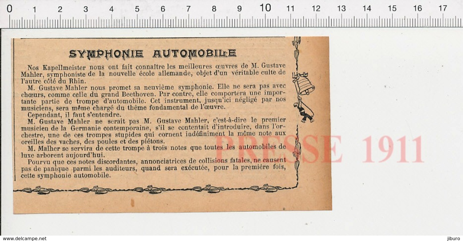 Presse 1911 Neuvième Symphonie De Gustave Mahler (Gustav) Trompe Automobile Klaxon 226K - Ohne Zuordnung