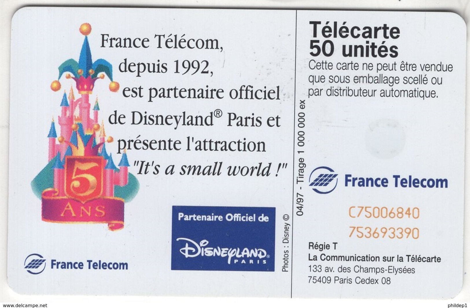 Lot De 1 TC De 1997 Usagées "Disneyland" De 50 U. Y & T : 781 - 1997