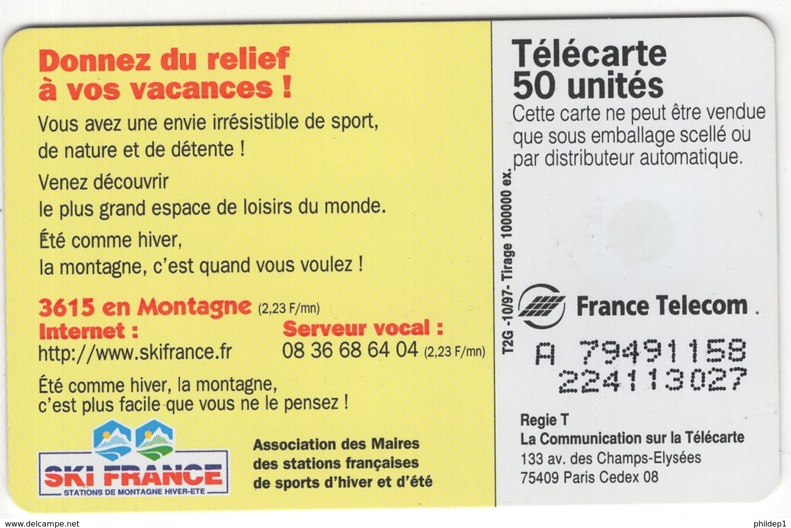 Lot De 1 TC De 1997 Usagées "Ski France 3" AD De 50 U. Y & T : 850 - 1997