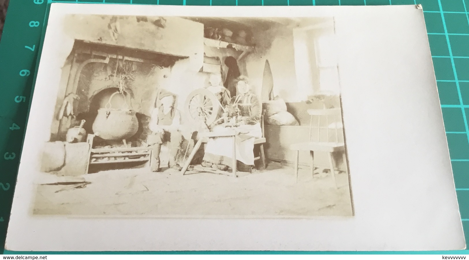 Old Real B&W (faded) Photo Postcard ~ Unknown Family In Front Of Cooking Pot Using A Spinning Wheel - Photographs