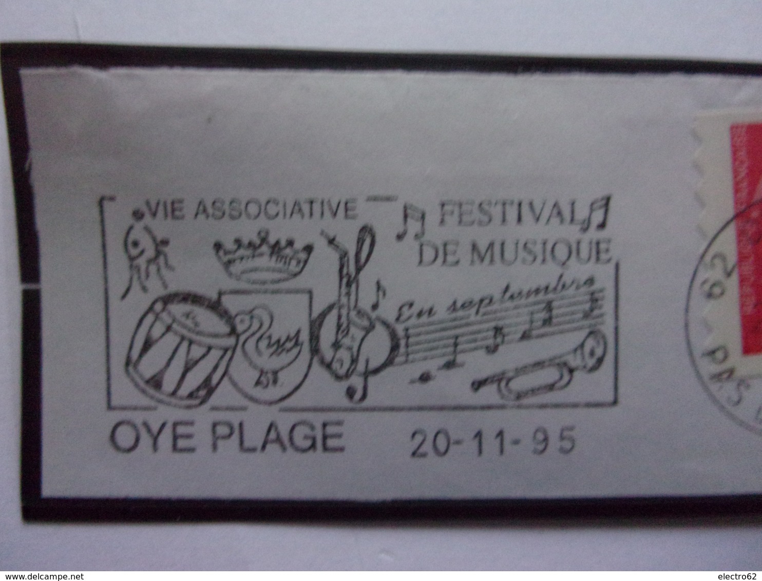 France Oye-Plage Flamme Festival De Musique Note Tambourg Trompette  Marianne Du Bicentenaire 20-11-95 OYE PLAGE Music - Oblitérations Mécaniques (flammes)