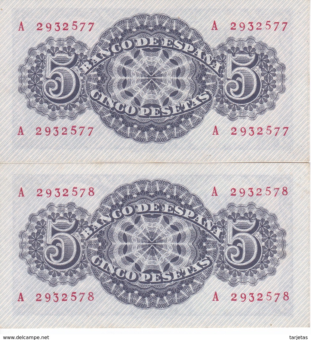 PAREJA CORRELATIVA DE 5 PTAS DEL AÑO 1947 DE SENECA SERIE A (SIN CIRCULAR - UNCIRCULATED) - 5 Pesetas