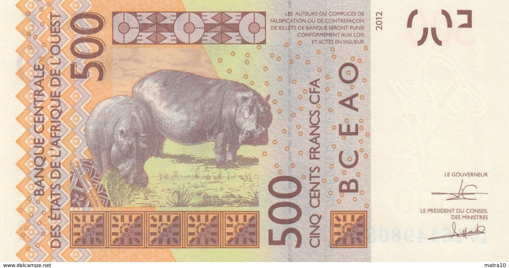 BURKINA FASO C AFRIQUE OUEST WEST AFRICA 500 CFA BCEAO Pick 314C 2012 NEUF NEW UNC FDS HIPPOPOTAMUS HIPPO ASHANTI WEIGHT - Burkina Faso