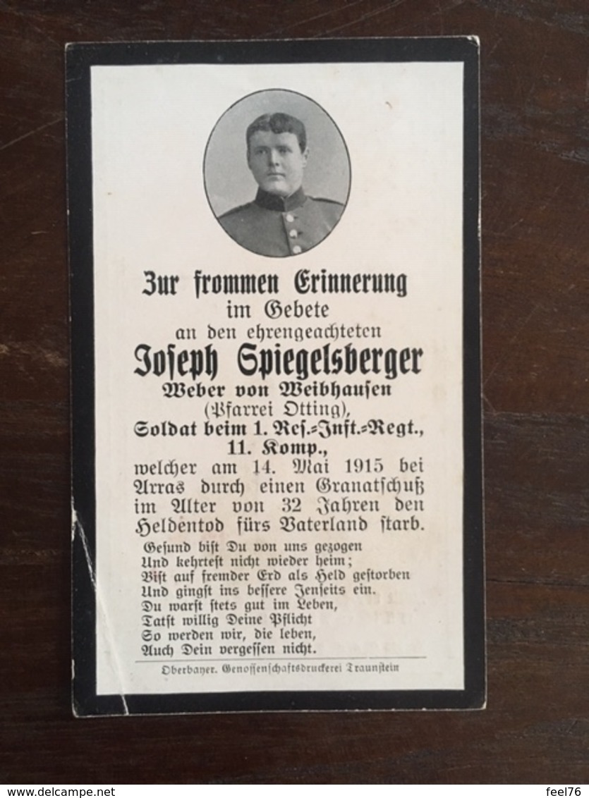 Sterbebild Wk1 Ww1 Bidprentje Avis Décès Deathcard RIR1 ARRAS 14. Mai 1915 Aus Weibhausen - 1914-18