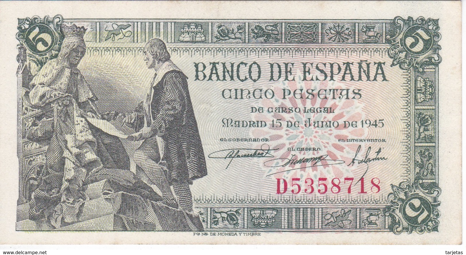BILLETE DE ESPAÑA DE 5 PTAS DEL 15/06/1945 SERIE D CALIDAD EBC (XF) (BANKNOTE) - 5 Pesetas