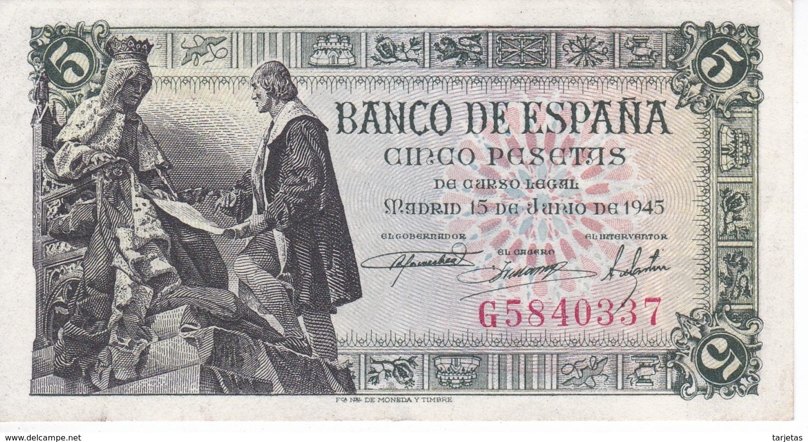 BILLETE DE ESPAÑA DE 5 PTAS DEL 15/06/1945 SERIE G CALIDAD EBC (XF) (BANKNOTE) - 5 Pesetas