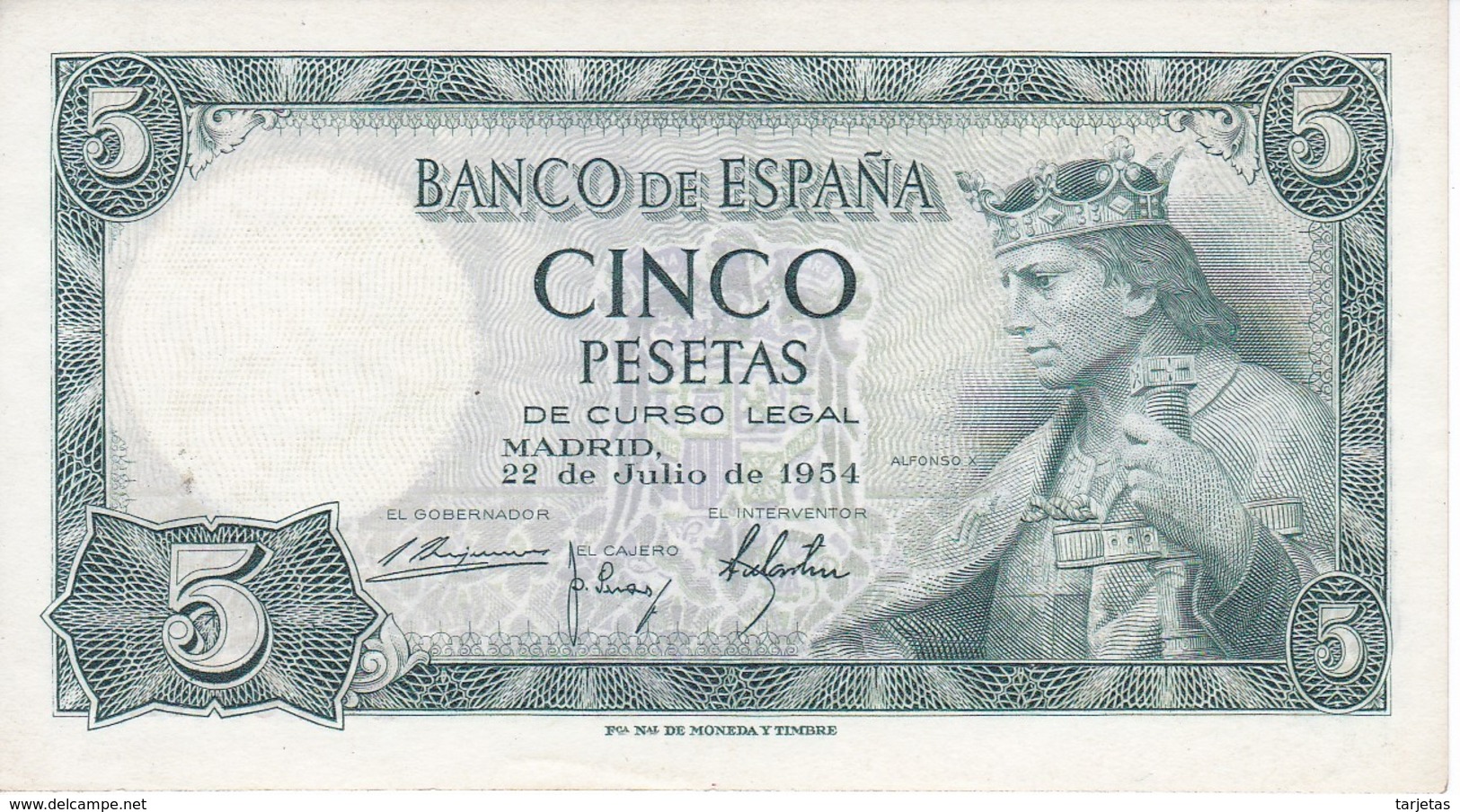 BILLETE DE 5 PTAS DEL AÑO 1954 SIN SERIE  DE ALFONSO X CALIDAD EBC (XF)  (RARO)(BANKNOTE) - 5 Pesetas