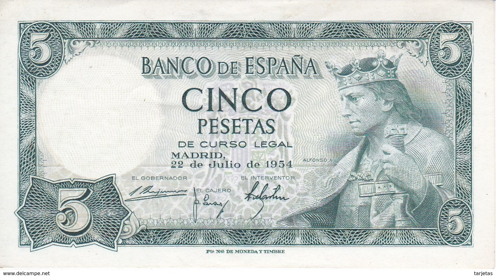 BILLETE DE 5 PTAS DEL AÑO 1954 SIN SERIE  DE ALFONSO X SIN CIRCULAR-UNCIRCULATED (RARO)(BANKNOTE) - 5 Pesetas