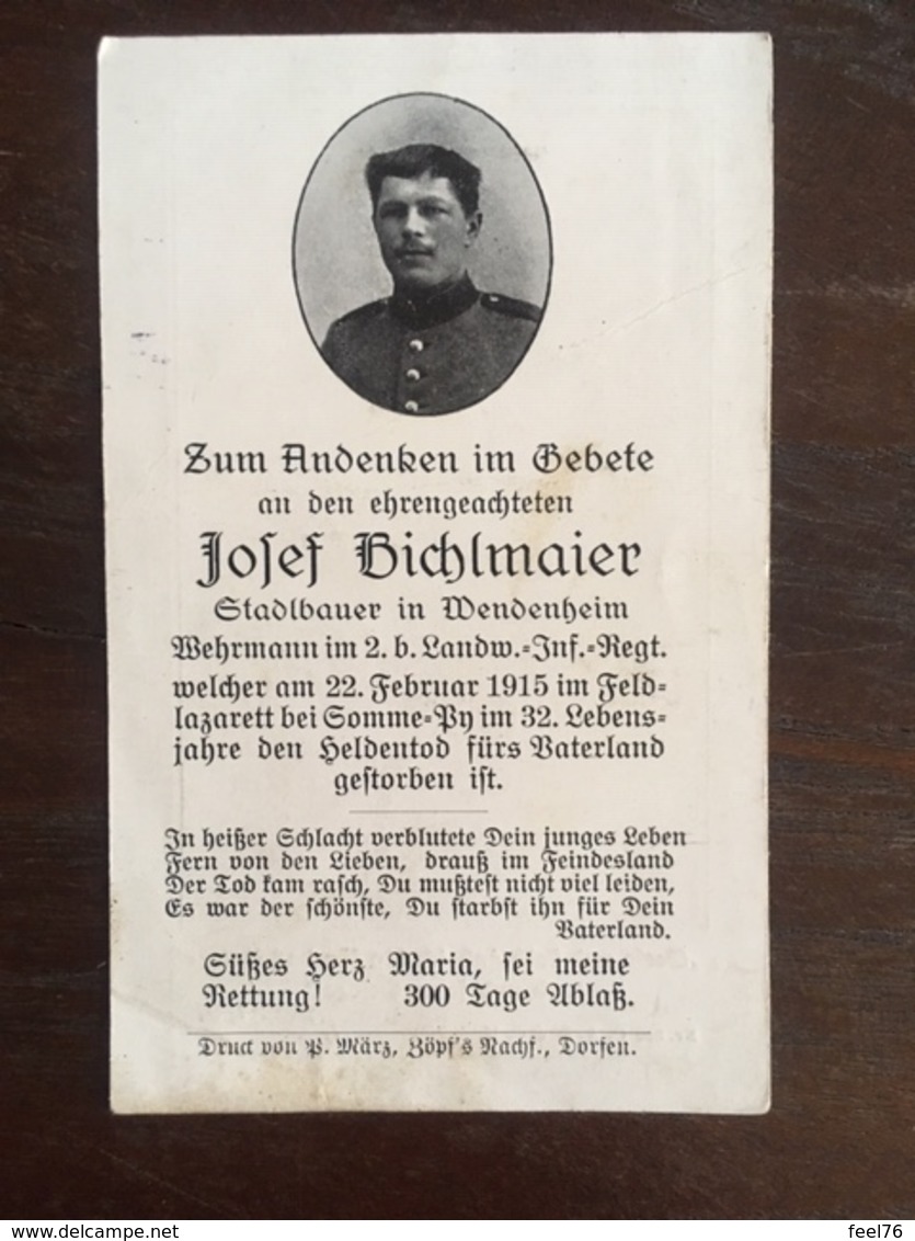 Sterbebild Wk1 Ww1 Bidprentje Avis Décès Deathcard LIR2 SOMME PY SOUAIN Block 2 Grab 69 Aus Wendenheim - 1914-18