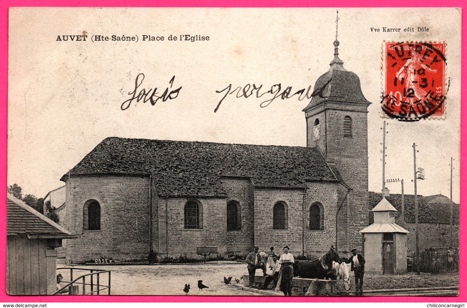 Auvet - Place De L'Eglise - Chevaux - Animée - Edit. Vve KARRER - Oblit. AUTREY + FOUCHERANS 1912 - Other & Unclassified