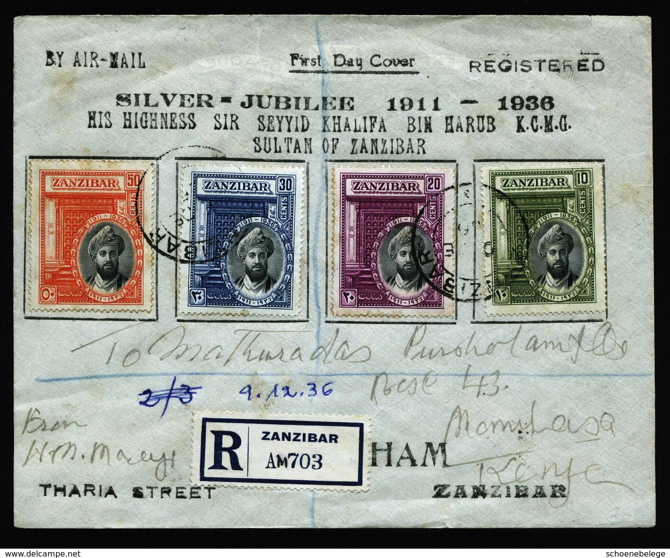 A6156) Zanzibar Registered Cover 12/09/36 To Kenya - Zanzibar (...-1963)