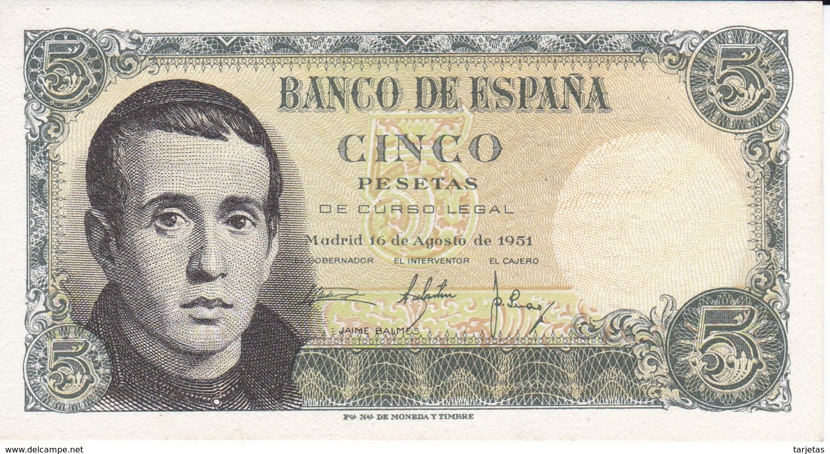 BILLETE DE ESPAÑA DE 5 PTAS DEL 16/08/1951 SIN SERIE (SIN CIRCULAR-UNCIRCULATED) (BANKNOTE) - 5 Pesetas