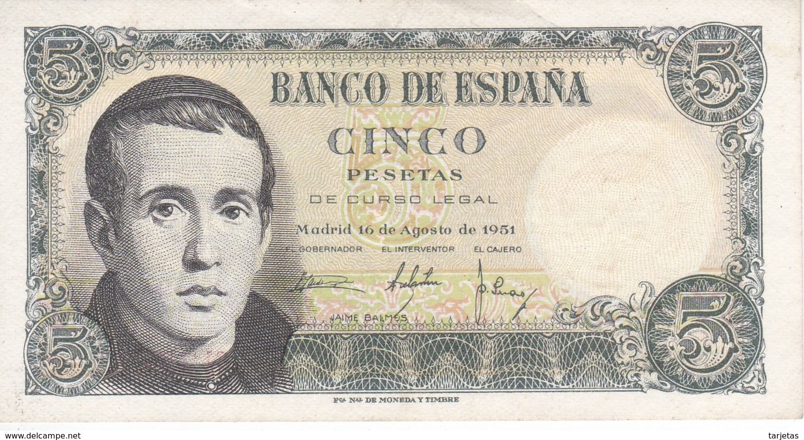 BILLETE DE ESPAÑA DE 5 PTAS DEL 16/08/1951 SERIE N EN CALIDAD EBC  (XF)    (BANKNOTE) - 5 Pesetas