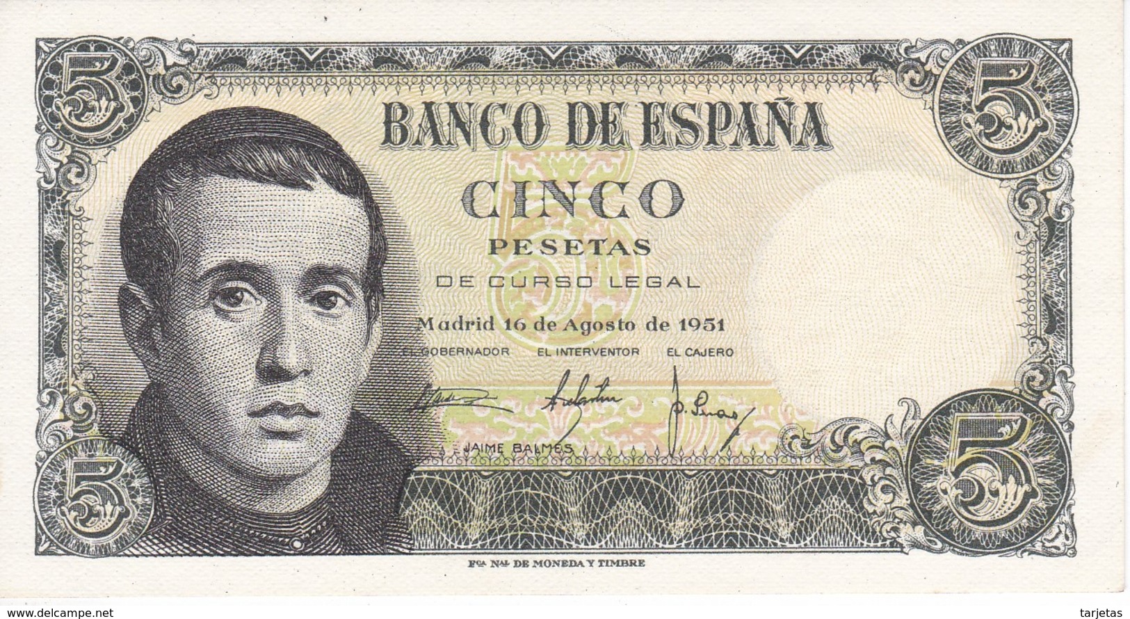 BILLETE DE ESPAÑA DE 5 PTAS DEL 16/08/1951 SERIE 1E (SIN CIRCULAR-UNCIRCULATED)   (BANKNOTE) - 5 Pesetas