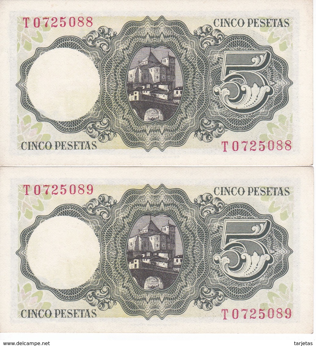 PAREJA CORRELATIVA DE 5 PTAS DEL 16/08/1951 SERIE T (SIN CIRCULAR-UNCIRCULATED)   (BANKNOTE) - 5 Pesetas