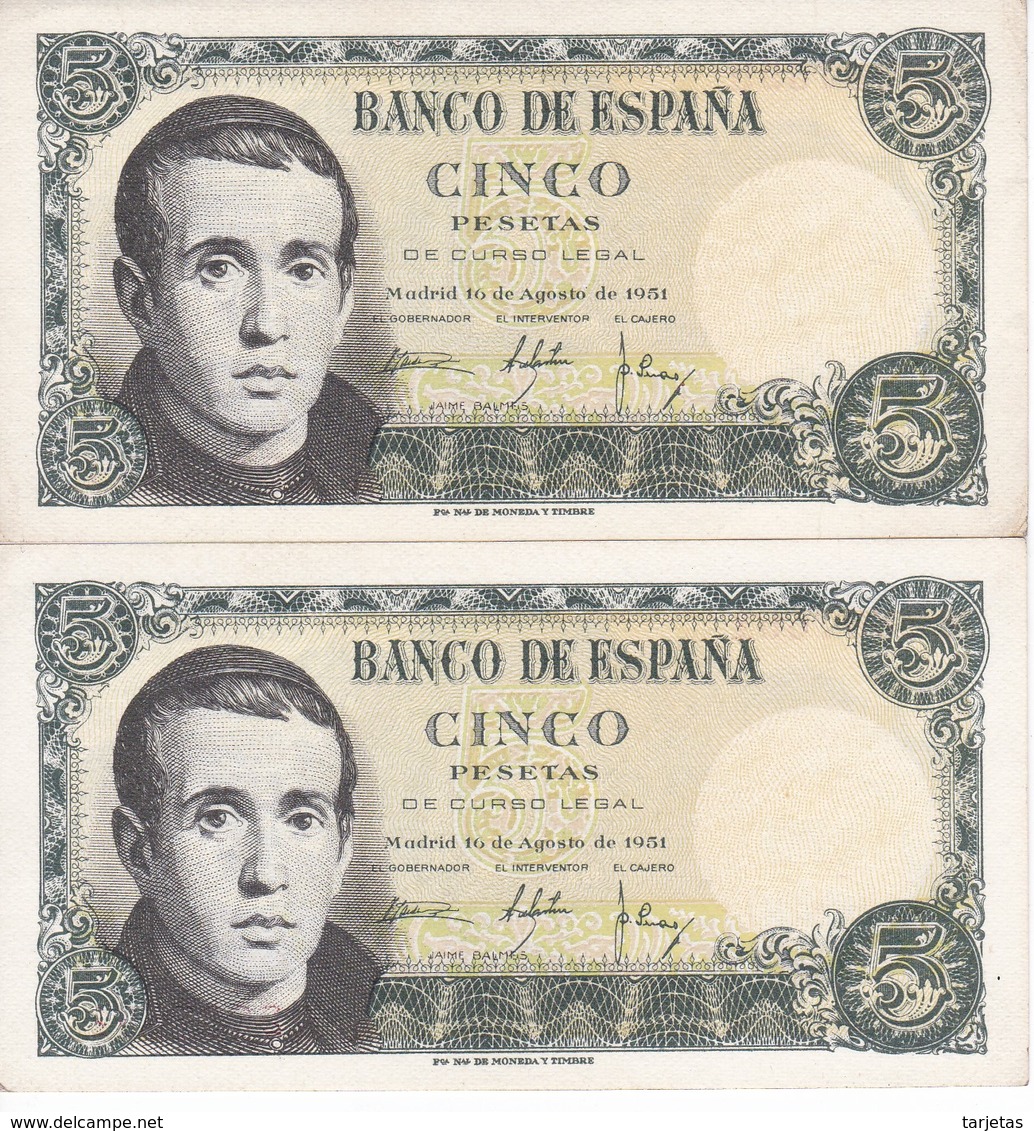 PAREJA IMPAR DE 5 PTAS DEL 16/08/1951 SERIE Q (SIN CIRCULAR-UNCIRCULATED)  (BANKNOTE) - 5 Pesetas