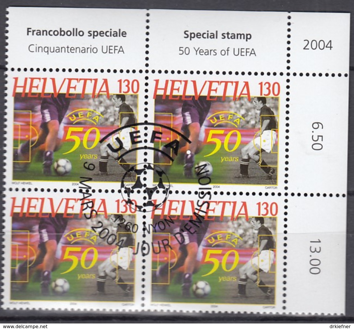 SCHWEIZ  MiNr. 1865, 4erBlock, Gestempelt, 50 Jahre UEFA, 2004 - Blocks & Kleinbögen