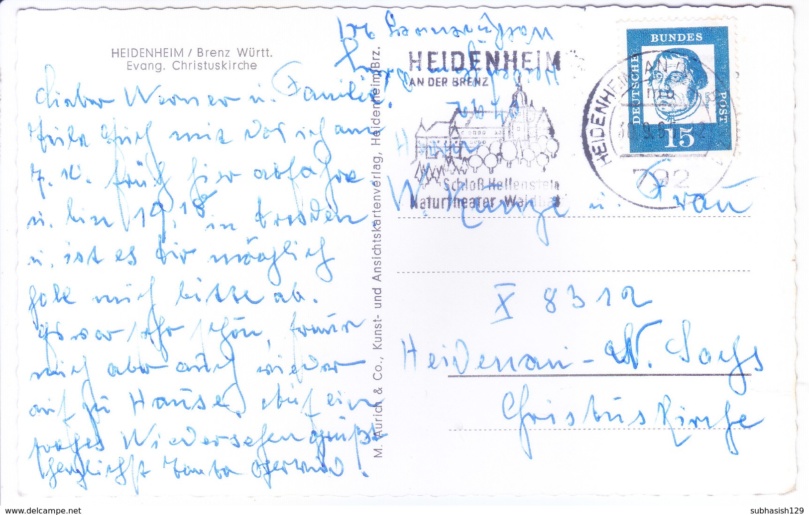 GERMANY, FEDERAL REPUBLIC : ORIGINAL PHOTO PICTURE POST CARD : SPECIAL PICTORIAL CANCELLATION : YEAR - 1965 : HEIDENHEIM - Covers & Documents