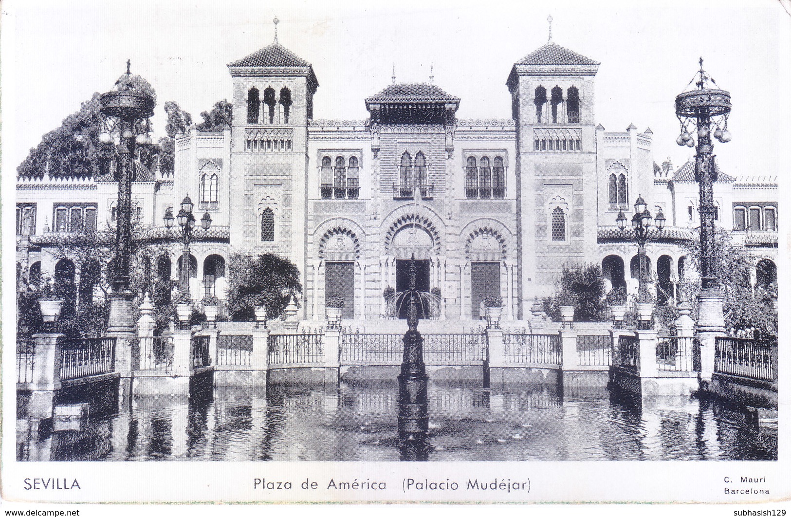 SPAIN : EARLY BLACK AND WHITE PICTURE POST CARD : COMMERCIALLY USED : AMERICA SQUARE, SEVILLA - Covers & Documents