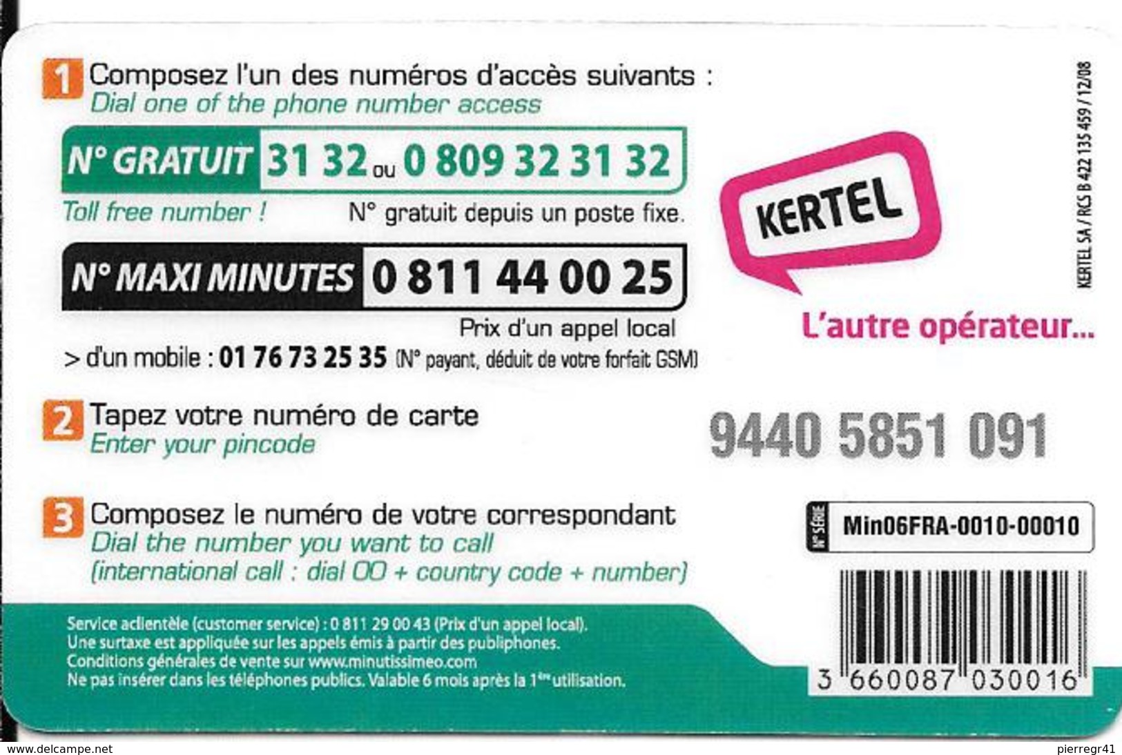 CARTE PREPAYEE-MINUTISSIME-6€-12/08-KERTEL-ENFANTS-MONUMENTS -Sans Date-V°1 Cadres Vert/1-NoirCode SurFond Blanc-TBE - Autres & Non Classés