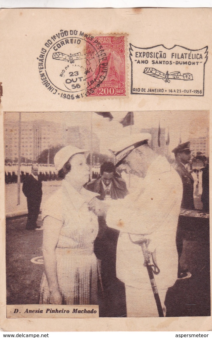 D.ANESIA PINHEIRO MACHADO CINQUENTENARIO DO 1° VOO DU MAIS PESADO DUE- EXPO ANO SANTOS DUMONT SPECIAL COVER 1956 - BLEUP - Airplanes