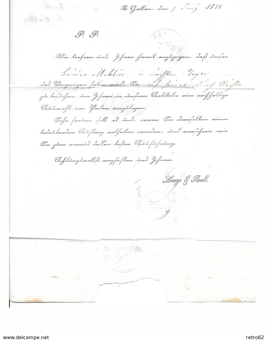1843-1852 Kantonalmarken Rayon II → 1851 Brief St.Gallen Nach Mühlehorn ►SBK-16IIaa P.P. Stein A Tabakbraun◄ - 1843-1852 Timbres Cantonaux Et  Fédéraux