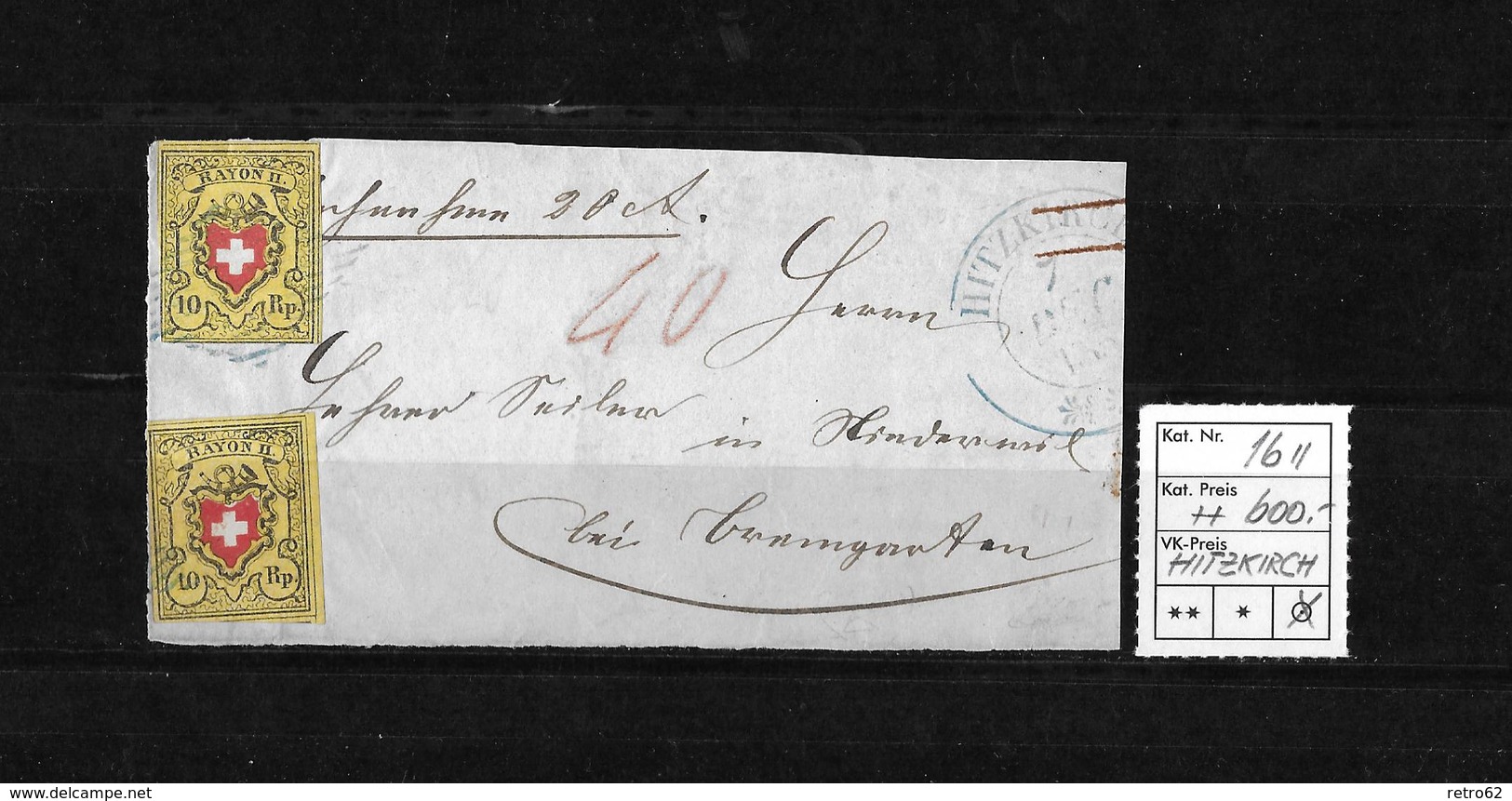 1843-1852 Kantonalmarken Rayon II → Nachnahme Brief-Fragment HITZKIRCH   ►SBK-2x 16II/T22 D-LO & T24 D-LO◄ - 1843-1852 Timbres Cantonaux Et  Fédéraux