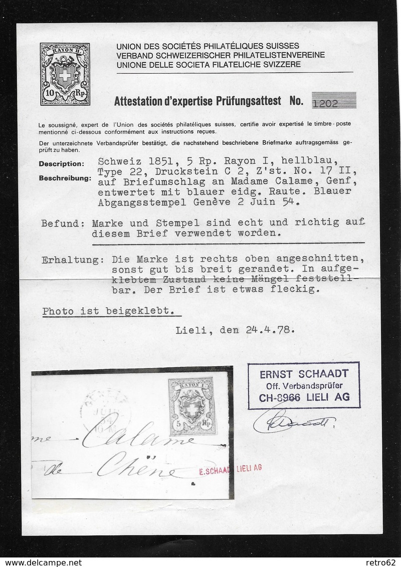 1843-1852 Kantonalmarken Rayon I → 1854 Brief Genève Route De Chene   ►SBK-17II Type 22 Stein C2 ATTEST◄ - 1843-1852 Federal & Cantonal Stamps