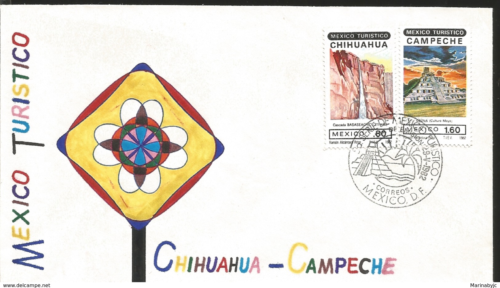 J) 1982 MEXICO, PAINTING, MEXICO TOURIST, CHIHUAHUA, CASCADA BASASEACHI, CAMPECHE, EDZNA, MULTIPLE STAMPS, FDC - Mexico