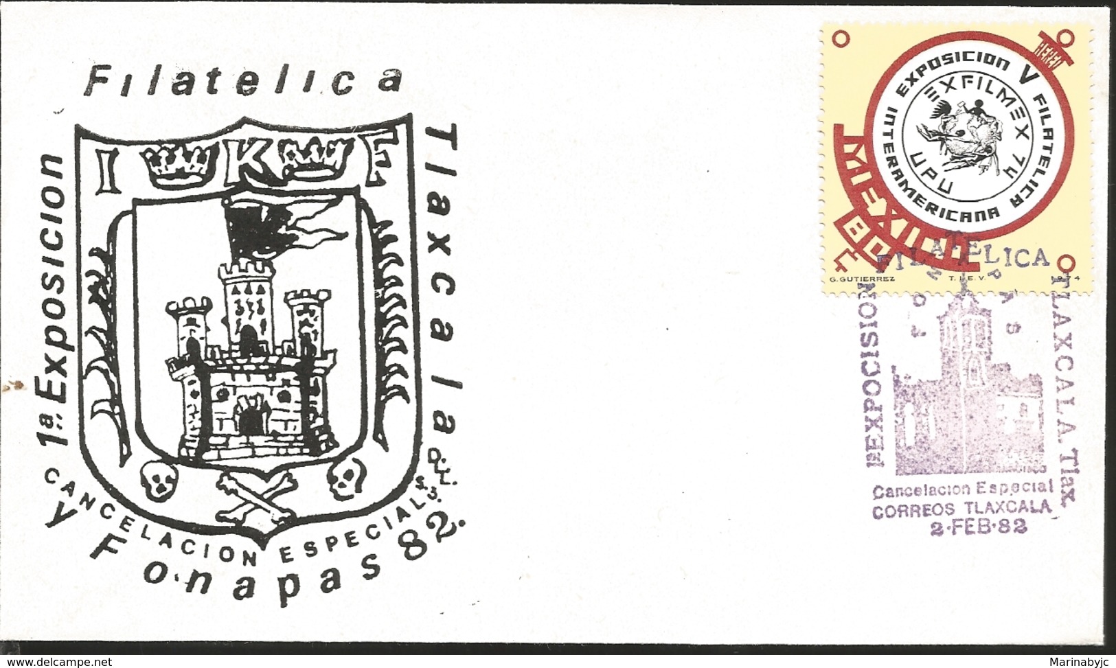 J) 1982 MEXICO, FIRST PHILATELIC EXHIBITION TLAXCALA AND FONAPAS 82, SPECIAL CANCELLATION, EXFILMEX 74, PURPLE CANCEL, F - Mexico