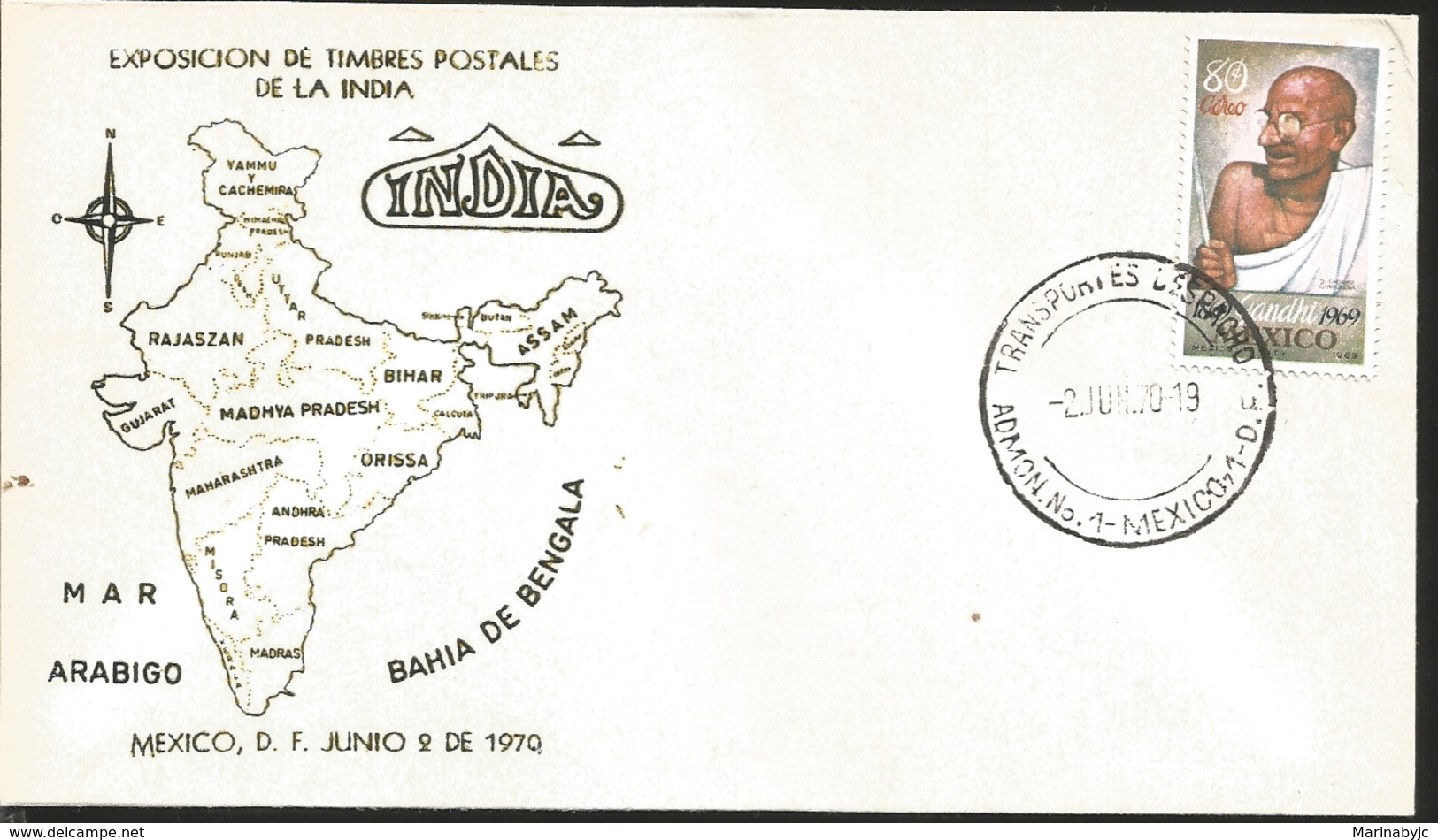 J) 1970 MEXICO, EXHIBITION OF POSTCARDS OF INDIA, MAP, SEA ARABIGO, BAHIA DE BENGALA, MAHATMA GANDHI, MAP, FDC - Mexique