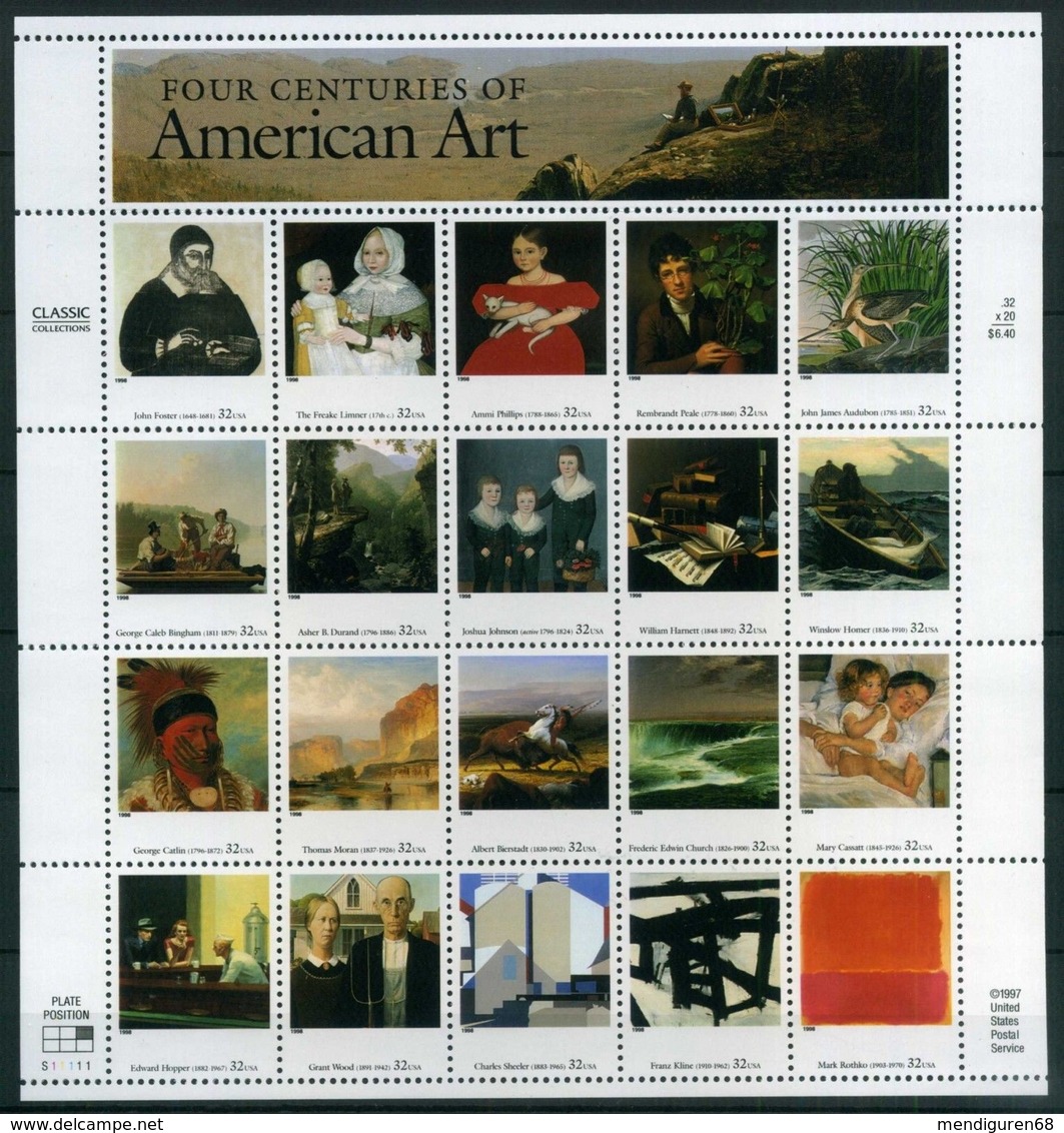 VEREINIGTE STAATEN ESTATS UNIS USA 1998 AMERICAN ART AMERICAN ART SHEET OF 20V MNH SC 3236SP YV F2775-2794 MI SH3007-26 - Neufs