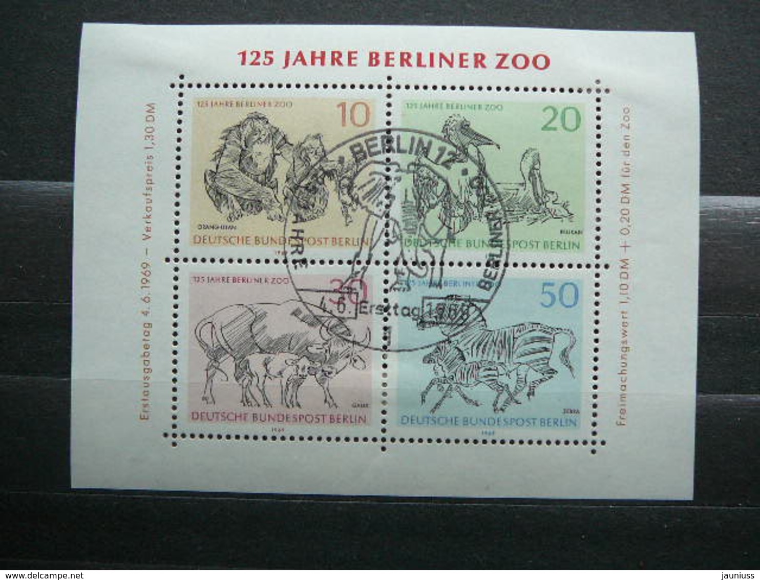 Zoo Orangutan Pelican Gaur Zebra # Berlin Germany 1969 Used #Mi. 338/1 Block2 - Blocs